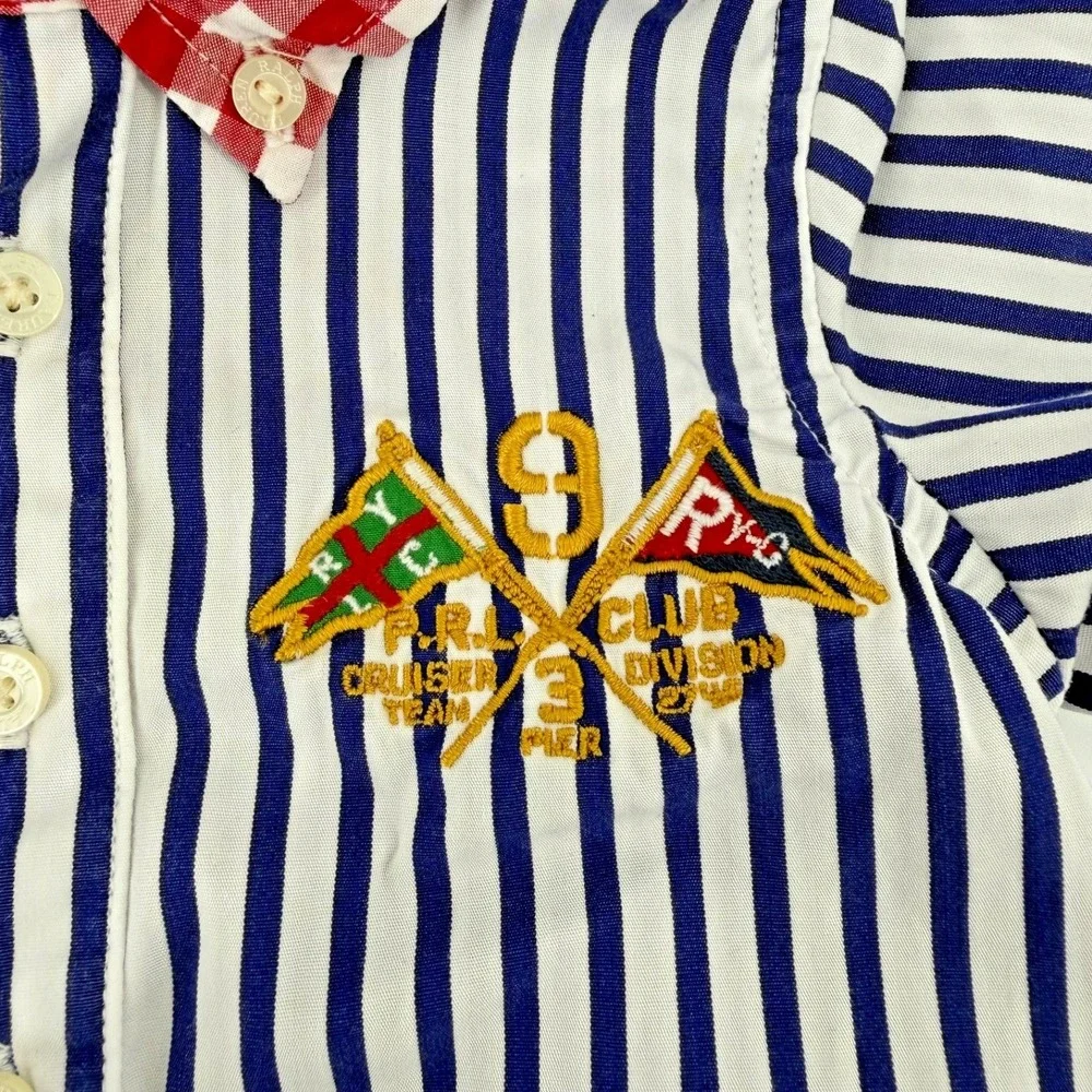 Ralph Lauren Baby Boys Cotton Nautical Romper Blue White Stripe 6M Button Front